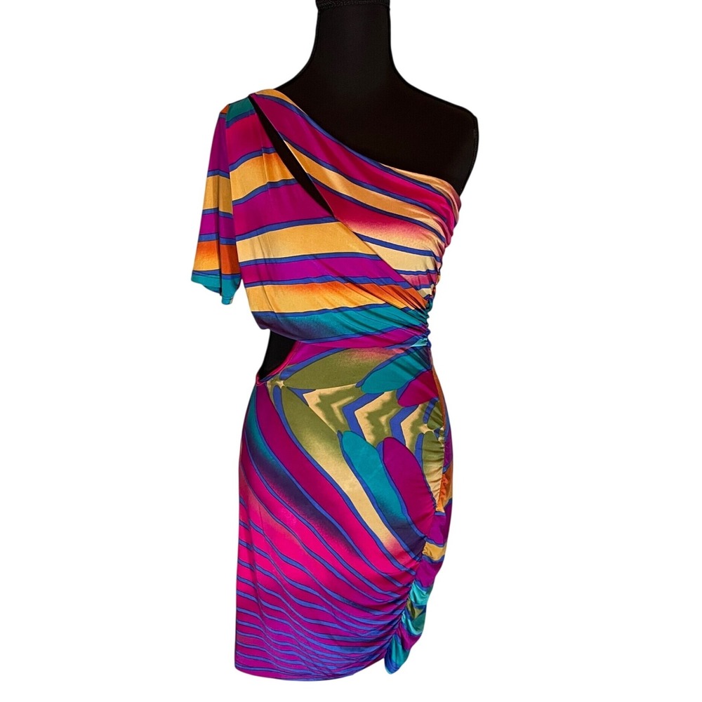 Womens One Shoulder Cutout Mini Dress Abstract Psychedelic Print L Y2K Clubwear